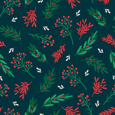 Ökse otu dalları, yaprakları, böğürtlenleri olan kışın pürüzsüz deseni. Kumaş, ambalaj kağıdı ve kartpostal tasarımı için Noel illüstrasyonu. Vektör arkaplanı.