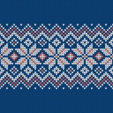 İskandinav örgü desenleri. Norveç tarzı süveter, kar taneleriyle süslenmiş. Fair Island tasarımı. Yün dokusu. Kış tatili geçmişi. Vektör illüstrasyonu.