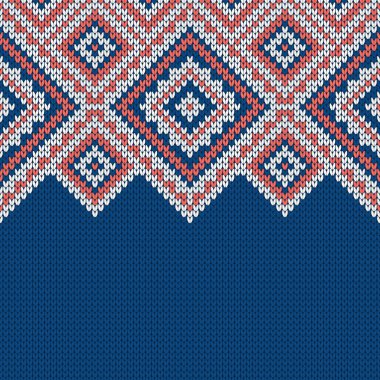 Örgü kumaşı. Metin için boş yeri olan şablon. Tatil tasarımı için geleneksel mevsimlik kusursuz arka plan. Kış örgü yün süveter deseni. Noel vektör illüstrasyonu.