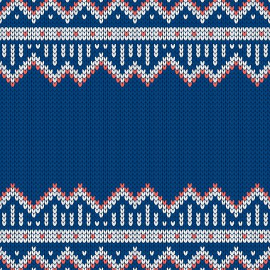 Örgü kumaşı. Metin için boş yeri olan şablon. Tatil tasarımı için geleneksel mevsimlik kusursuz arka plan. Kış örgü yün süveter deseni. Noel vektör illüstrasyonu.