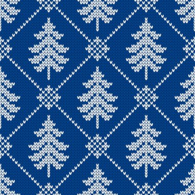 Geleneksel kış örgü deseni. İskandinav tarzı süveter. Kusursuz yün dokusu. Yılbaşı ağaçlarıyla vektör illüstrasyonu. Tatil arkaplanı.