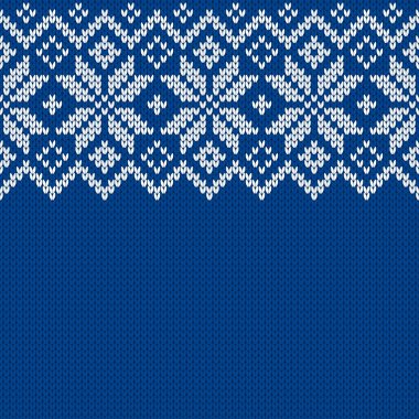 Örgü kumaşı. Metin için boş yeri olan şablon. Tatil tasarımı için geleneksel mevsimlik kusursuz arka plan. Kar taneleriyle örülmüş yün süveter deseni. Noel vektör illüstrasyonu.