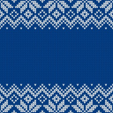 Örgü kumaşı. Metin için boş yeri olan şablon. Tatil tasarımı için geleneksel mevsimlik kusursuz arka plan. Kar taneleriyle örülmüş yün süveter deseni. Noel vektör illüstrasyonu.