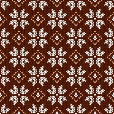 Noel ve Yeni Yıl geleneksel örülmüş dikişsiz desen. Norveç tarzı süveter. Yün dokusu. Kar taneleriyle vektör çizimi. Tatil arkaplanı.