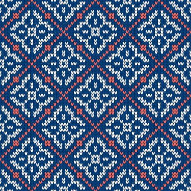 Kar taneleriyle süslenmiş kış tatili süsü. Noel ve yeni yıl yünü örülmüş kazak. Kusursuz desen, vektör çizimi, geleneksel arkaplan.