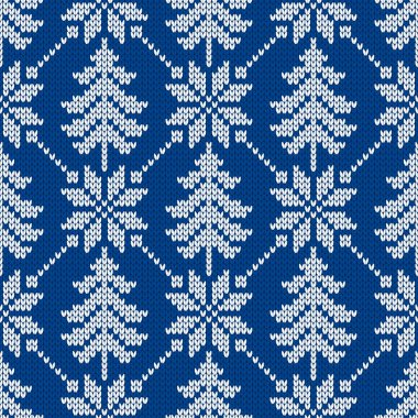 Geleneksel kış örgü deseni. İskandinav tarzı süveter. Kusursuz yün dokusu. Kar taneleri ve Noel ağaçlarıyla vektör çizimi. Tatil arkaplanı.