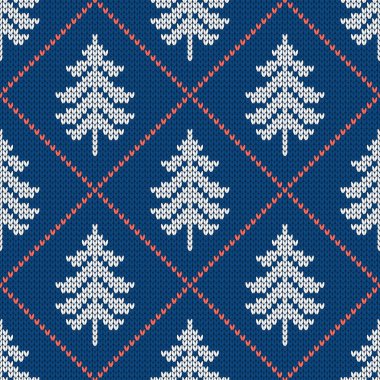 Geleneksel kış örgü deseni. İskandinav tarzı süveter. Kusursuz yün dokusu. Yılbaşı ağaçlarıyla vektör illüstrasyonu. Tatil arkaplanı.