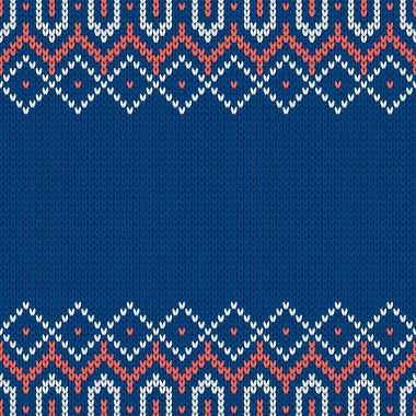 Örgü kumaşı. Metin için boş yeri olan şablon. Tatil tasarımı için geleneksel mevsimlik kusursuz arka plan. Kış örgü yün süveter deseni. Noel vektör illüstrasyonu.