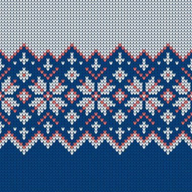 İskandinav örgü desenleri. Norveç tarzı süveter, kar taneleriyle süslenmiş. Fair Island tasarımı. Yün dokusu. Kış tatili geçmişi. Vektör illüstrasyonu.