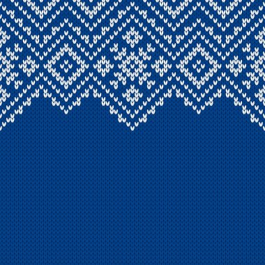 Örgü kumaşı. Metin için boş yeri olan şablon. Tatil tasarımı için geleneksel mevsimlik kusursuz arka plan. Kar taneleriyle örülmüş yün süveter deseni. Noel vektör illüstrasyonu.