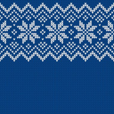 Örgü kumaşı. Metin için boş yeri olan şablon. Tatil tasarımı için geleneksel mevsimlik kusursuz arka plan. Kar taneleriyle örülmüş yün süveter deseni. Noel vektör illüstrasyonu.
