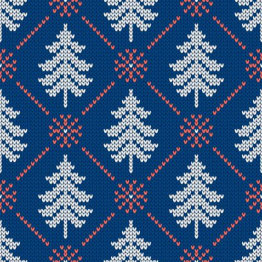 Geleneksel kış örgü deseni. İskandinav tarzı süveter. Kusursuz yün dokusu. Kar taneleri ve Noel ağaçlarıyla vektör çizimi. Tatil arkaplanı.
