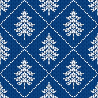 Geleneksel kış örgü deseni. İskandinav tarzı süveter. Kusursuz yün dokusu. Yılbaşı ağaçlarıyla vektör illüstrasyonu. Tatil arkaplanı.