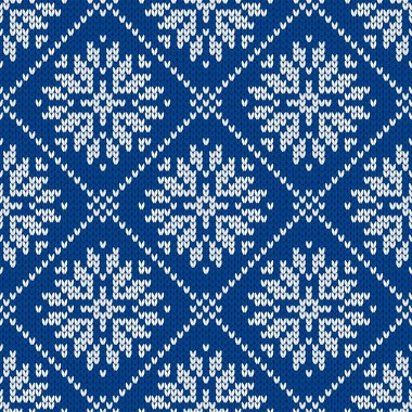 Kar taneleriyle süslenmiş kış tatili süsü. Noel ve yeni yıl yünü örülmüş kazak. Kusursuz desen, vektör çizimi, geleneksel arkaplan.