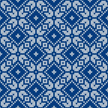 Kar taneleriyle süslenmiş kış tatili süsü. Noel ve yeni yıl yünü örülmüş kazak. Kusursuz desen, vektör çizimi, geleneksel arkaplan.