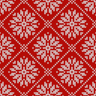 Kar taneleriyle süslenmiş kış tatili süsü. Noel ve yeni yıl yünü örülmüş kazak. Kusursuz desen, vektör çizimi, geleneksel arkaplan.