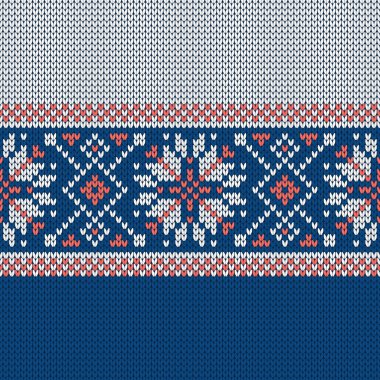 İskandinav örgü desenleri. Norveç tarzı süveter, kar taneleriyle süslenmiş. Fair Island tasarımı. Yün dokusu. Kış tatili geçmişi. Vektör illüstrasyonu.