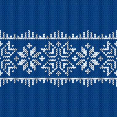 İskandinav örgü desenleri. Norveç tarzı süveter, kar taneleriyle süslenmiş. Fair Island tasarımı. Yün dokusu. Kış tatili geçmişi. Vektör illüstrasyonu.