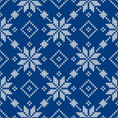 Kar taneleriyle süslenmiş kış tatili süsü. Noel ve yeni yıl yünü örülmüş kazak. Kusursuz desen, vektör çizimi, geleneksel arkaplan.