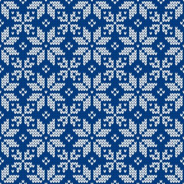 Kar taneleriyle süslenmiş kış tatili süsü. Noel ve yeni yıl yünü örülmüş kazak. Kusursuz desen, vektör çizimi, geleneksel arkaplan.