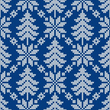 Geleneksel kış örgü deseni. İskandinav tarzı süveter. Kusursuz yün dokusu. Kar taneleri ve Noel ağaçlarıyla vektör çizimi. Tatil arkaplanı.