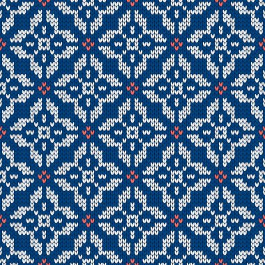 İskandinav örgü desenleri. Kar taneli Norveç tarzı süveter. Yün dokusu. Kış tatili geçmişi. Vektör illüstrasyonu.