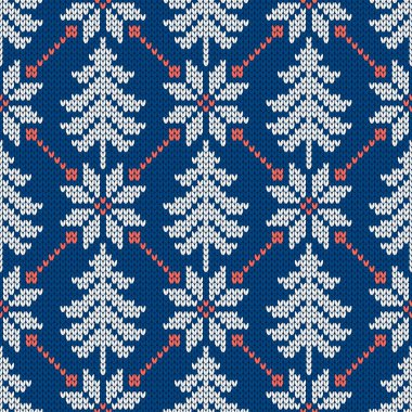 Geleneksel kış örgü deseni. İskandinav tarzı süveter. Kusursuz yün dokusu. Kar taneleri ve Noel ağaçlarıyla vektör çizimi. Tatil arkaplanı.