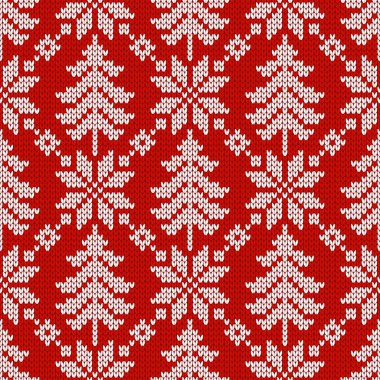 Geleneksel kış örgü deseni. İskandinav tarzı süveter. Kusursuz yün dokusu. Kar taneleri ve Noel ağaçlarıyla vektör çizimi. Tatil arkaplanı.