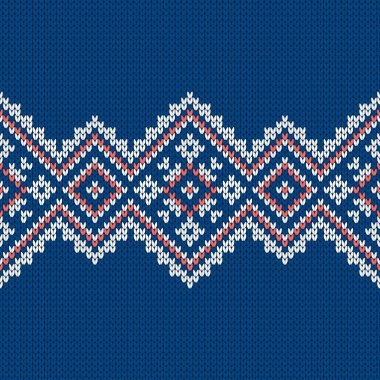 İskandinav örgü desenleri. Norveç tarzı süveter, kar taneleriyle süslenmiş. Fair Island tasarımı. Yün dokusu. Kış tatili geçmişi. Vektör illüstrasyonu.