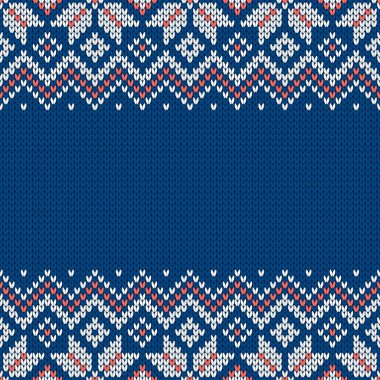 Örgü kumaşı. Metin için boş yeri olan şablon. Tatil tasarımı için geleneksel mevsimlik kusursuz arka plan. Kar taneleriyle örülmüş yün süveter deseni. Noel vektör illüstrasyonu.