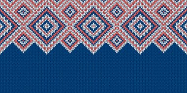 Örgü kumaşı. Metin için boş yeri olan şablon. Bayram tasarımı için geleneksel sezonluk arka plan. Kış örülmüş yünsüz süveter deseni. Noel vektör illüstrasyonu.