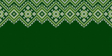 Çirkin Noel Süveteri Partisi. Geniş bir arka plan. Örgü kumaşı. Metin için boş yeri olan şablon. Tatil tasarımı için kar taneleri olan kusursuz bir desen. Kış örgü yün vektör çizimi.