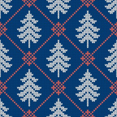 Geleneksel kış örgü deseni. İskandinav tarzı süveter. Kusursuz yün dokusu. Yılbaşı ağaçlarıyla vektör illüstrasyonu. Tatil arkaplanı.