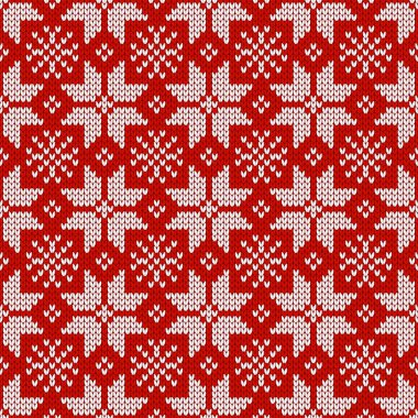 Kar taneleriyle süslenmiş kış tatili süsü. Noel ve yeni yıl yünü örülmüş kazak. Kusursuz desen, vektör çizimi, geleneksel arkaplan.