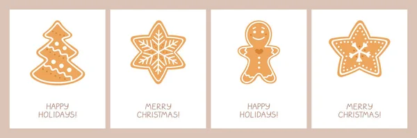 Conjunto Tarjetas Navideñas Con Galletas Caseras Navidad Con Glaseado Copo — Vector de stock