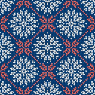 Noel ve yeni yıl geleneksel dikişsiz kar taneleri desenli. Norveç tarzı süveter. Yün dokusu. Vektör çizimi. Tatil arkaplanı.