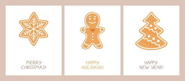 Conjunto Tarjetas Navideñas Con Galletas Caseras Navidad Con Glaseado Copo — Vector de stock