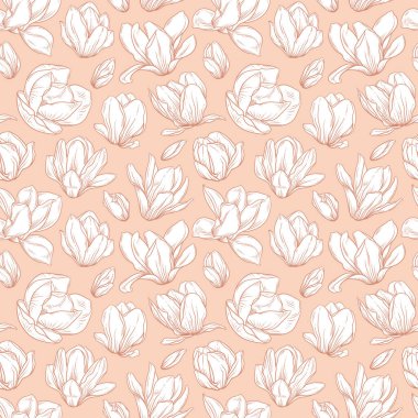 Manolya çiçekleriyle kusursuz desen. Bej arka planda çiçek açan tomurcuklar. Taklit mürekkep çizimi. Tekstil, paket, düğün dekorasyonu için bahar çiçeği tasarımı. Vektör illüstrasyonu.
