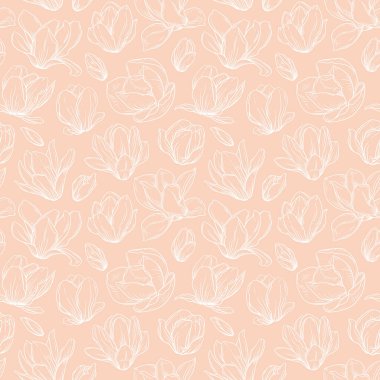 Manolya çiçekleriyle kusursuz desen. Bej arka planda çiçek açan tomurcuklar. Taklit mürekkep çizimi. Tekstil, paket, düğün dekorasyonu için bahar çiçeği tasarımı. Vektör illüstrasyonu.