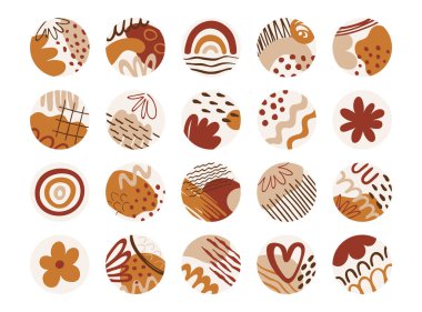 Sosyal medya için vurgulama kapakları. Sosyal medya hikayeleri için soyut yuvarlak simgeler. Organik şekilli parlak renk vektörü çizimleri, dalgalar, çiçekler, gökkuşağı, çizgiler, moda blog tasarımı için noktalar