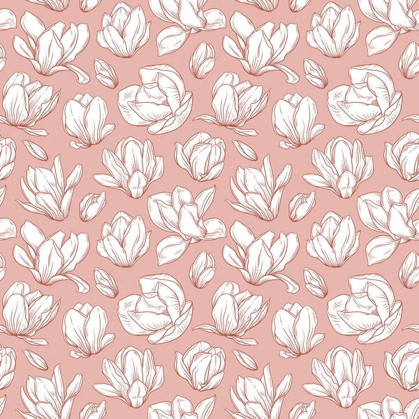 Naadloos Patroon Met Magnolia Bloemen Bloeiende Knoppen Schetsmatige Stijl Roze — Stockvector