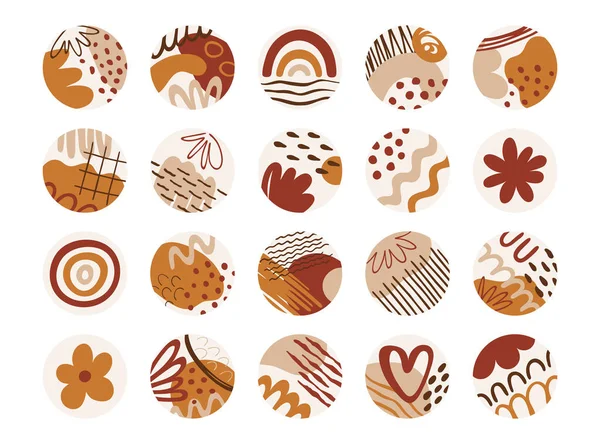 Sosyal medya için vurgulama kapakları. Sosyal medya hikayeleri için soyut yuvarlak simgeler. Organik şekilli parlak renk vektörü çizimleri, dalgalar, çiçekler, gökkuşağı, çizgiler, moda blog tasarımı için noktalar