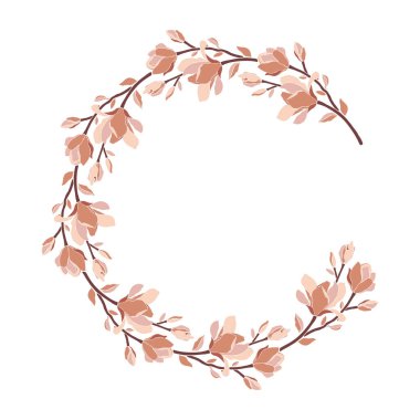 Çiçek çerçevesi, manolya çiçekli çelenk tomurcuklar, dallar, yapraklar. Modern minimalist tarzda, beyaza izole edilmiş vektör illüstrasyonu. Tebrik kartı tasarımı, düğün davetiyesi şablonu.