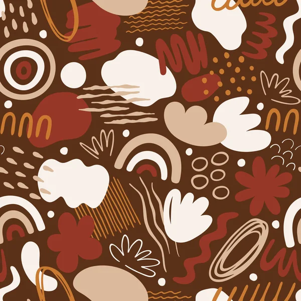 Seamless pattern with organic shapes: spots, lines, dots, waves, flowers, rainbow. Abstract vector illustration with doodles in simple trendy style. Design for fabric, package, cover, wall art, prints