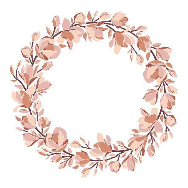 Bloemenkrans Frame Met Magnolia Bloemen Takken Bladeren Bloeiende Knoppen Vector — Stockvector