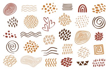 Organik şekiller, dizayn şablonu. Vektör dokuları, dalgalar, noktalar, çizgiler, formlar. Terracotta renk çizimi, beyaza izole edilmiş. Sosyal medya gönderileri için elementler, hikayeler arka plan, baskılar.