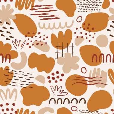 Organik şekilli kusursuz desen: noktalar, çizgiler, noktalar, dalgalar, çiçekler. Basit modern tarzdaki karalamalarla soyut vektör çizimi. Kumaş, paket, kapak, duvar resimleri, el ilanları, baskılar için tasarım.