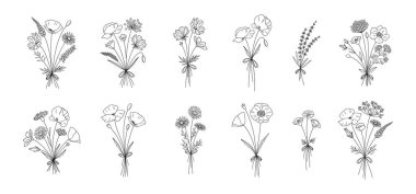 Vahşi çiçek serisi sanat buketleri seti. El çizimi çiçekler, çayır otları, yabani bitkiler, tasarım projeleri için botanik elementler. Vektör illüstrasyonu.
