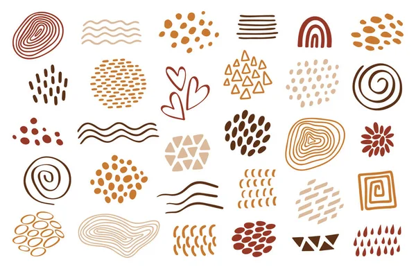 Organik şekiller, dizayn şablonu. Vektör dokuları, dalgalar, noktalar, çizgiler, formlar. Terracotta renk çizimi, beyaza izole edilmiş. Sosyal medya gönderileri için elementler, hikayeler arka plan, baskılar.