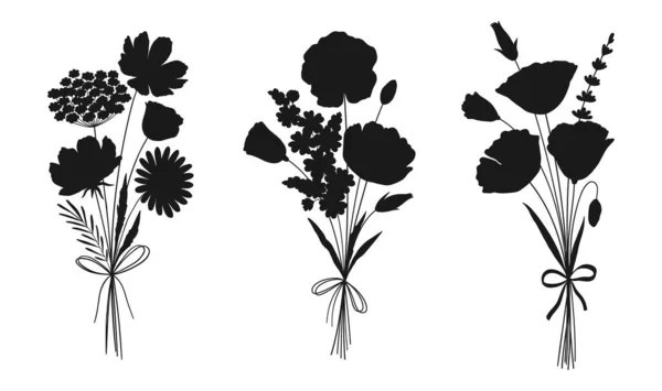 Wildbloem Boeketten Set Bloemen Silhouetten Handgetekende Kamille Cosmea Papaver Lavendel — Stockvector